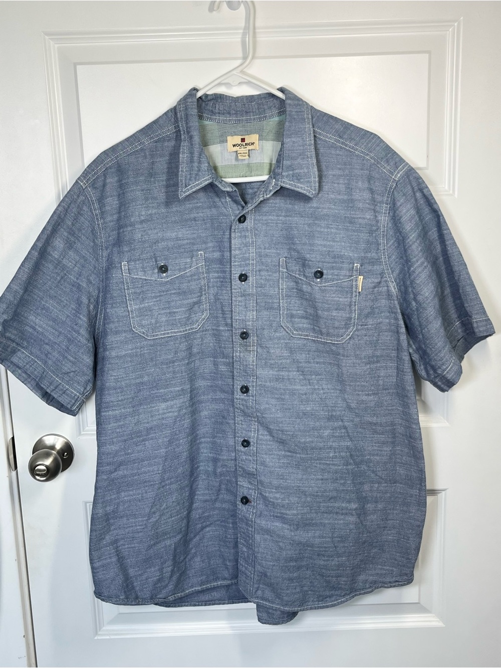 Woolrich Mens XXL Blue Chambray Short Sleeve Workwear Shirt